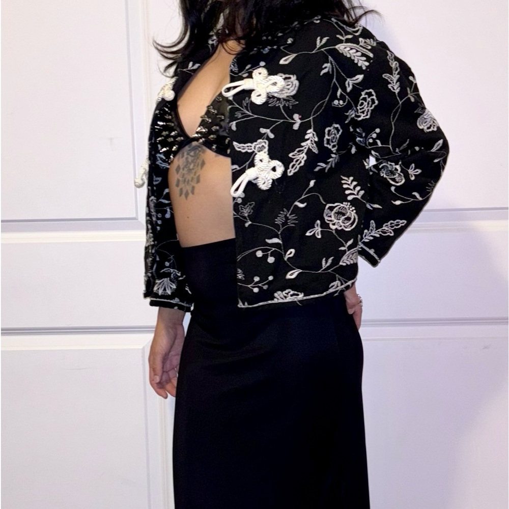 Womens Black And White Asian Pattern Jacket Tradition Style Size Small Vintage
